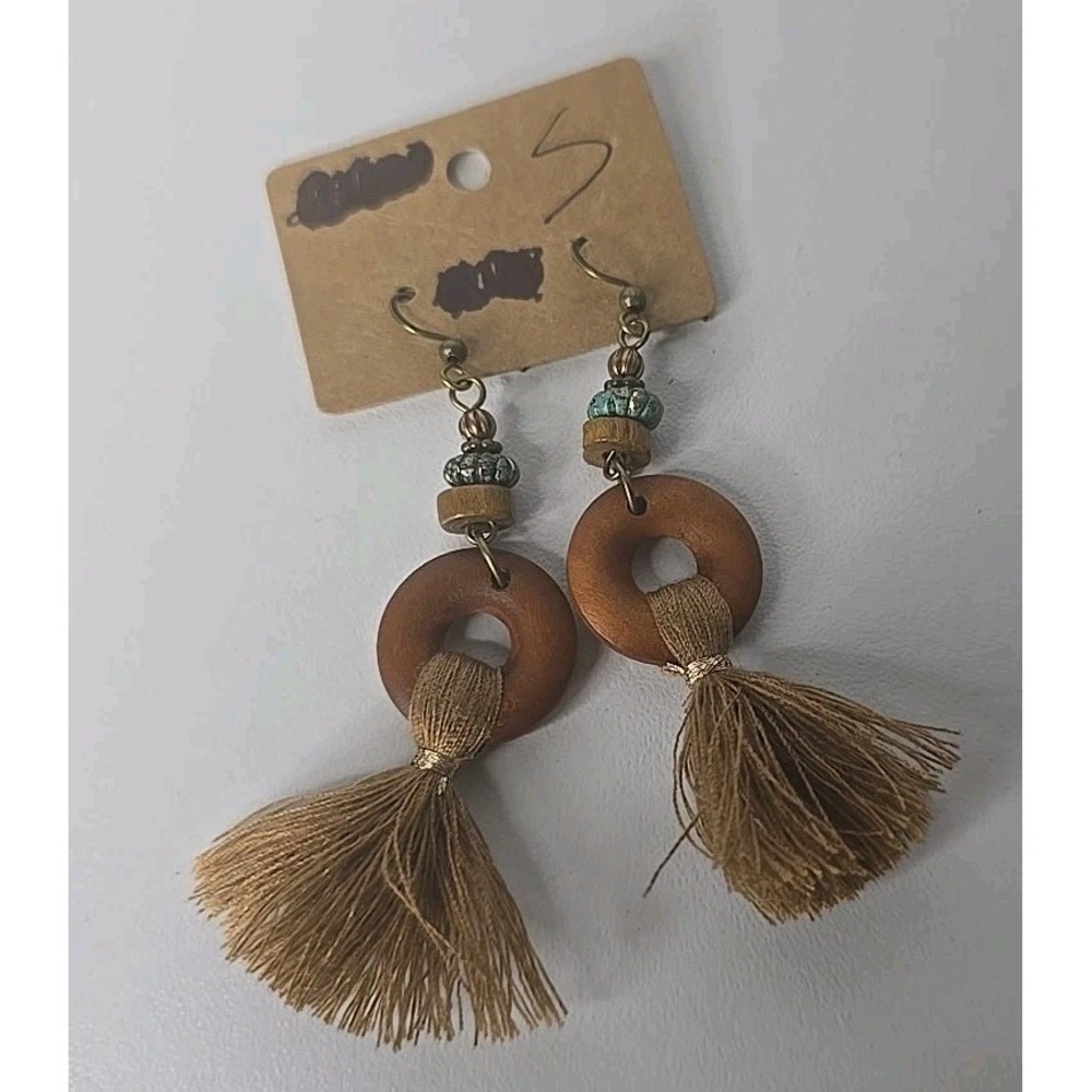 Earthy boho bohemian round wooden beaded brown‎ tassel dangle drop earrings